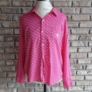 Lauren Ralph Lauren Pink with White Polka Dots Cotton Blend Button Down Shirt.
